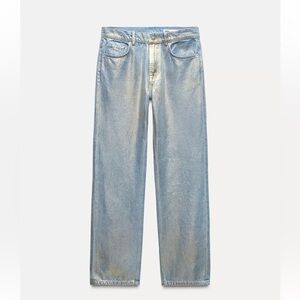 NWT Zara Signature Denim - The Mid Rise Straight in Gold Foil